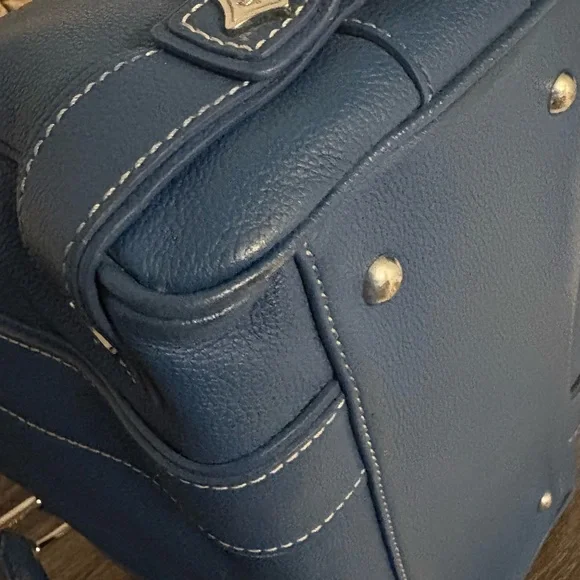 MCM Blue Leather Boston Bag with Silver Accents - Picture 4 of 13